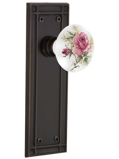 Mission Door Set with Rose Porcelain Knobs in Timeless Bronze.